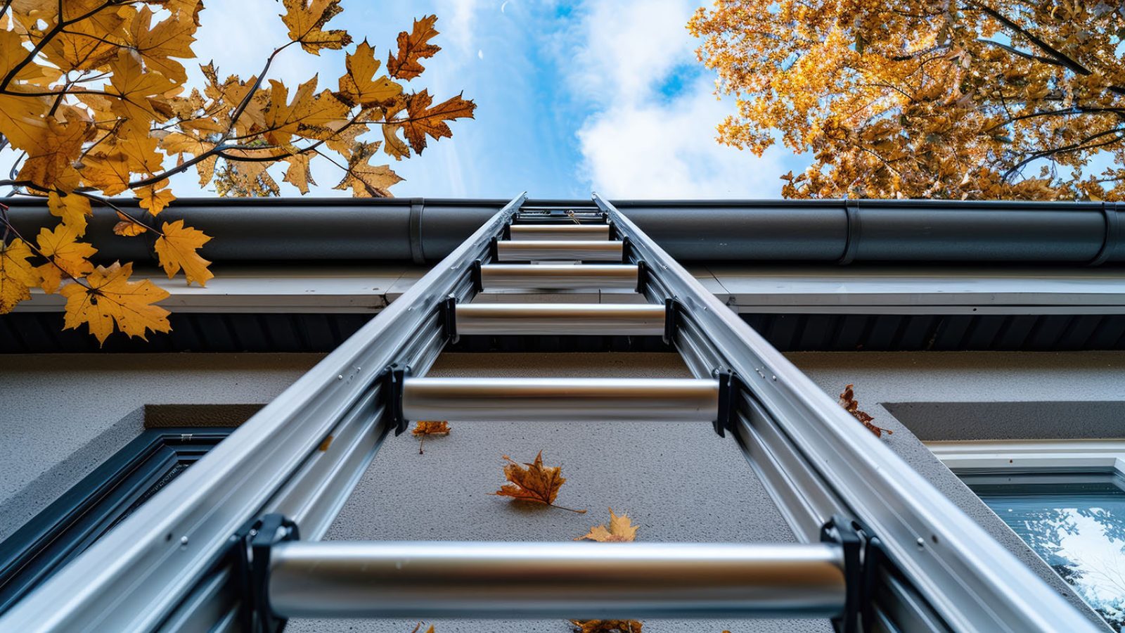 Extension Ladder. Getting ready for fall home maintenance, tall aluminum extension ladder against a two-story house: extension ladder, aluminium, metal, tall, roof, no one, nobody, day, fall, autumn --ar 16:9 Job ID: c421471e-084b-42e7-80fb-a36636481c0e