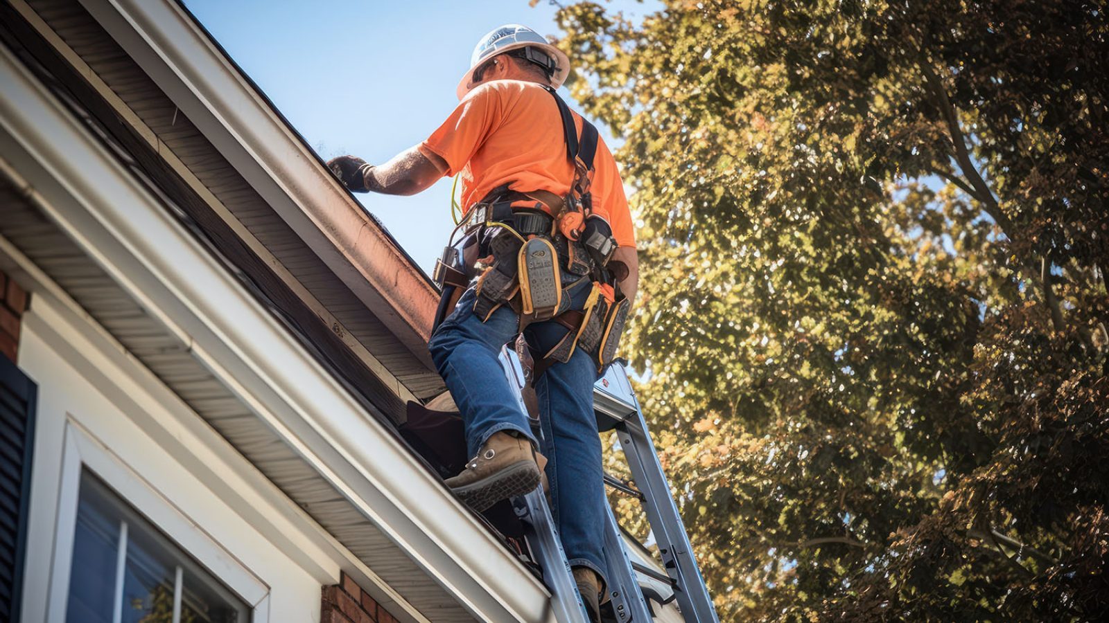 Construction worker on a ladder working on house roof maintenanc