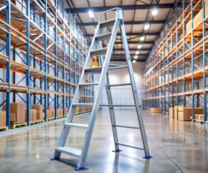 Industrial stepladder standing in a storage facility