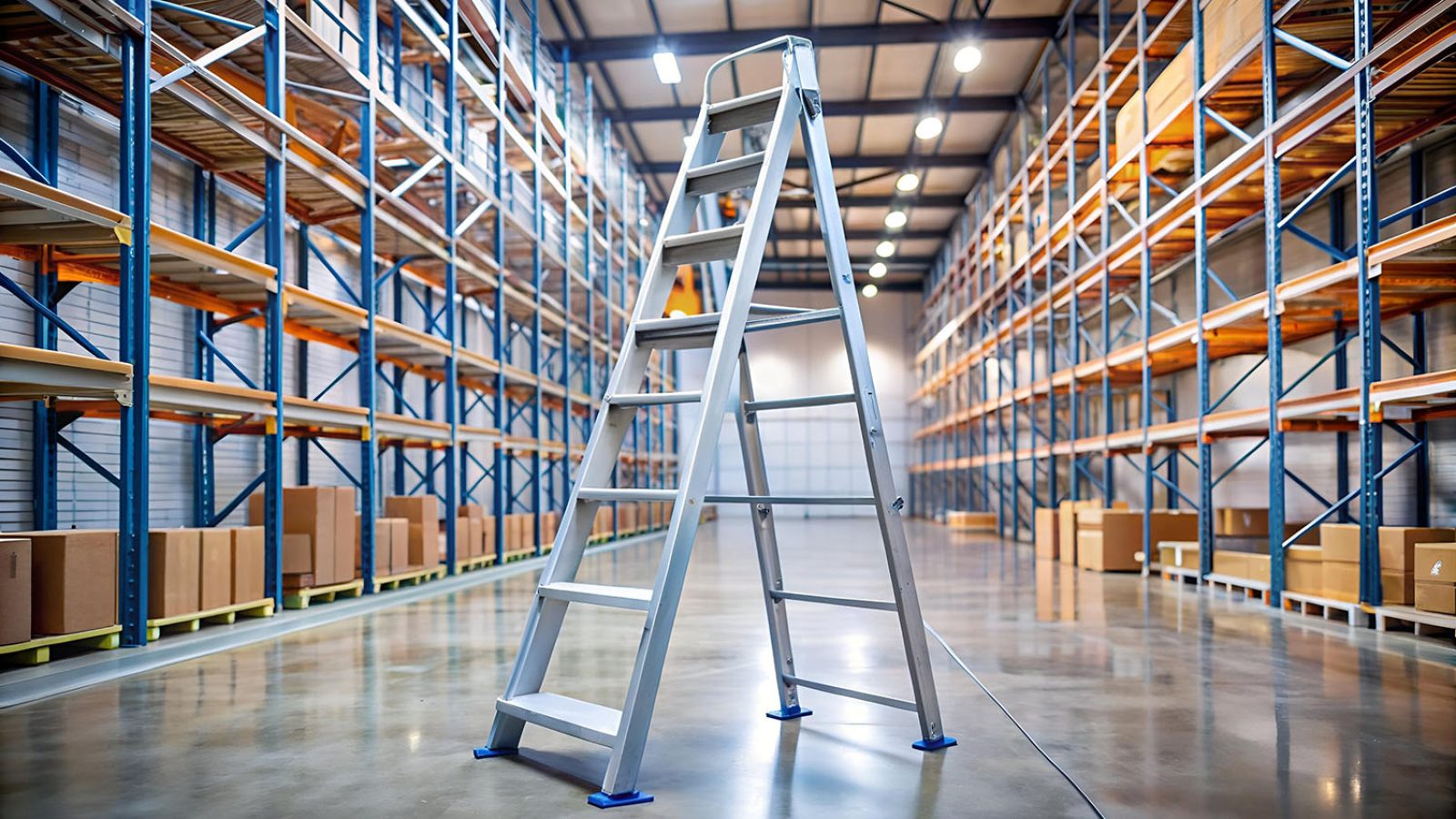 Industrial stepladder standing in a storage facility